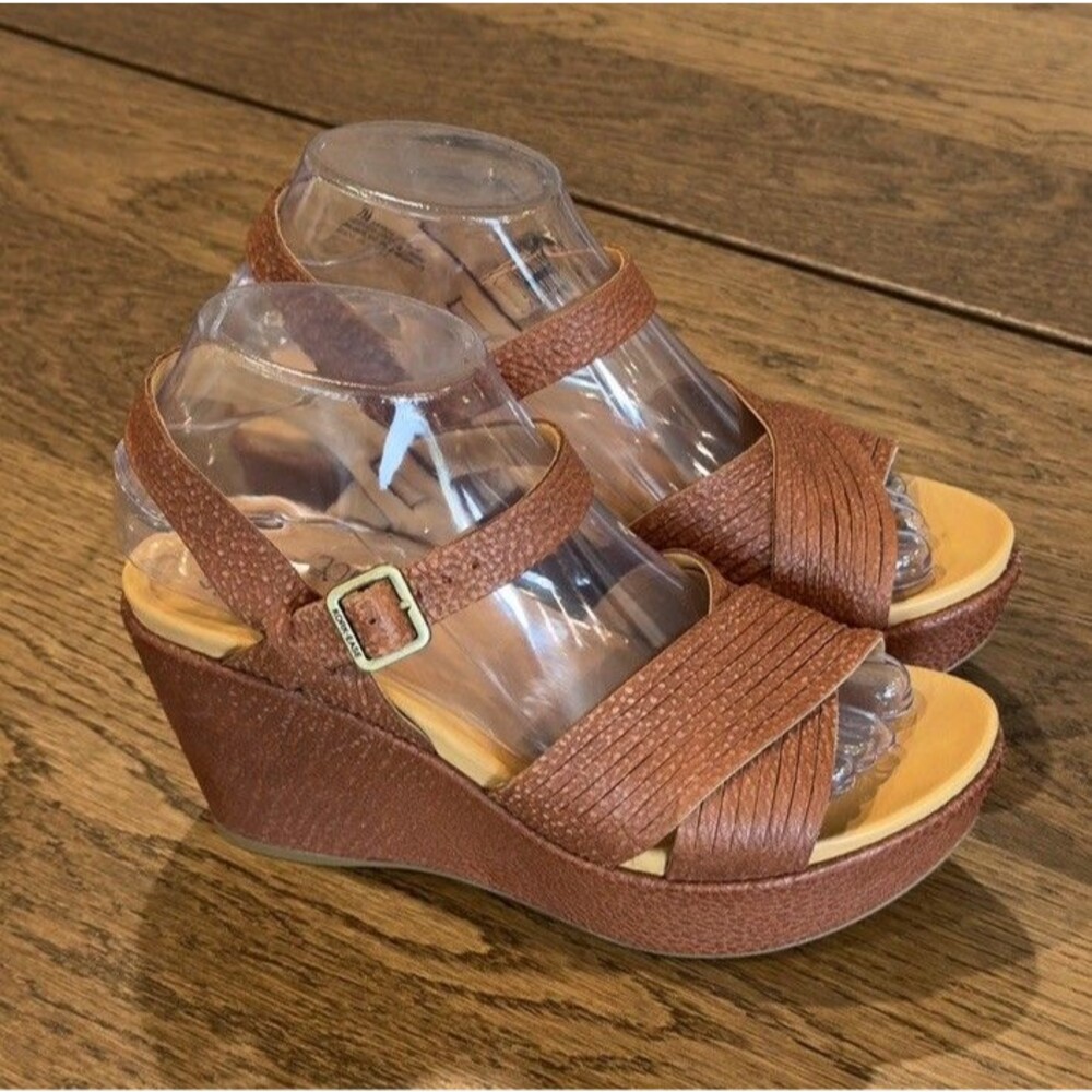 Kork-Ease Adelphi Leather Wedge Sandals Womens Sz 7M Brown Ankle Strap Platform